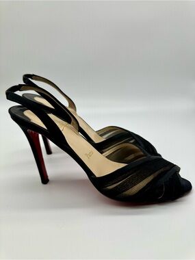 Christian Louboutin Black Slingback Peep-Toe Heels with Signature Red Sole